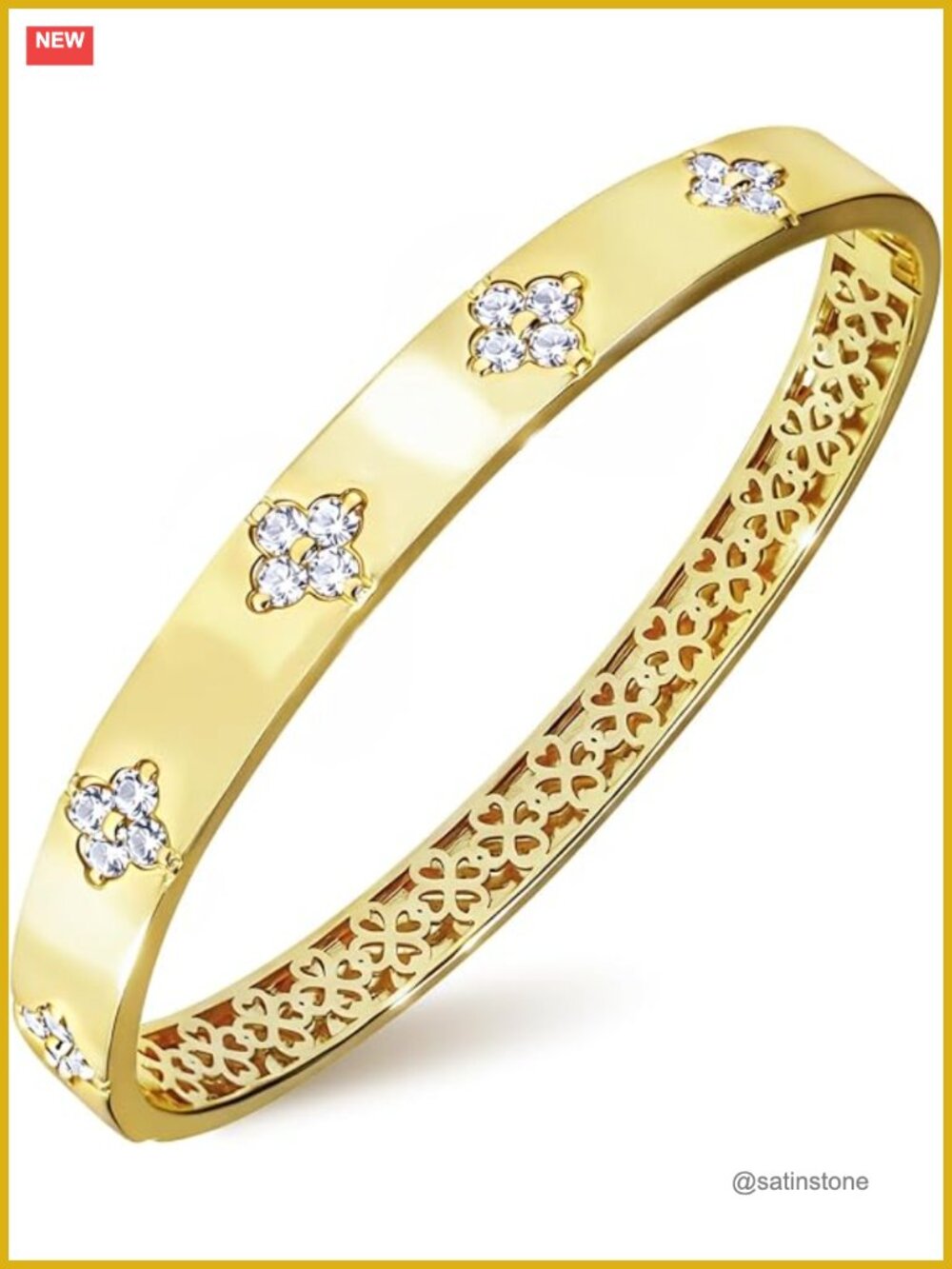 14K Gold Plated Moissanite Clover Bangle Bracelet Non Tarnish Gift